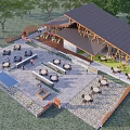 Scenic Post Station With Wooden Roof Outdoor Seating And Stone Paved Ground For Relaxation