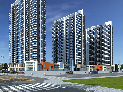 Modern High Rise Residential Buildings With Ground Floor Shops Lawn Road Vehicles And Blue Sky 3d model