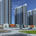 Modern High Rise Residential Buildings With Ground Floor Shops Lawn Road Vehicles And Blue Sky