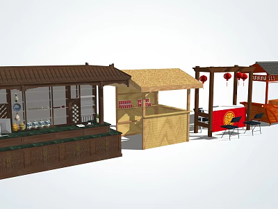 Traditional Chinese Street Stalls Featuring Wooden Structures Canopies Red Lanterns And Seating 3d model