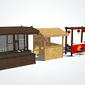 Traditional Chinese Street Stalls Featuring Wooden Structures Canopies Red Lanterns And Seating
