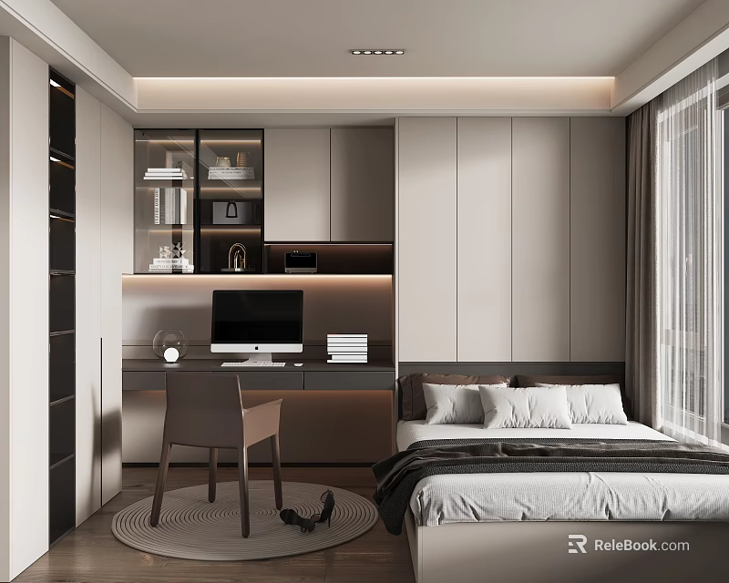 Modern Tatami Bedroom Interior With Platform Bed Study Desk And Built in Storage 3d model 