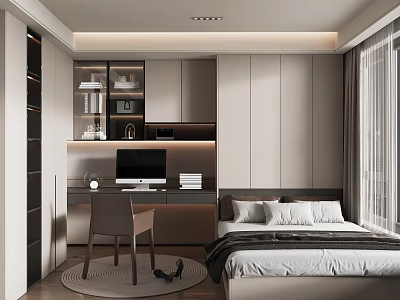 Modern Tatami Bedroom Interior With Platform Bed Study Desk And Built in Storage 3d model