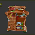 Orange Wooden Cabinet With Multiple Shelves Holding Scrolls Books Green Folders And White Helmet