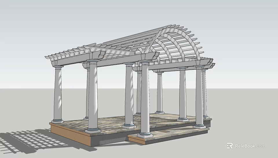 Classic Pergola Design with Arched Roof Structure Tall Stone Columns and Wooden Base Platform 3d model 