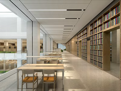 Bright Modern Library Book Art Design With Full Bookshelves And Reading Tables 3d model