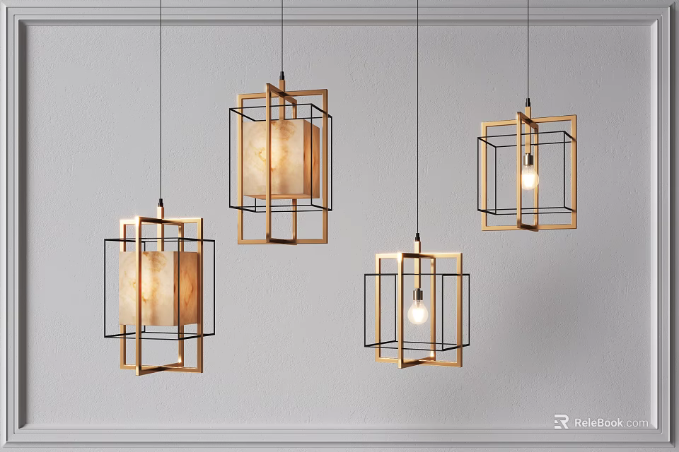 Modern Square Frame Chandeliers With Golden Metal And Translucent Shades For Living Room 3d model 