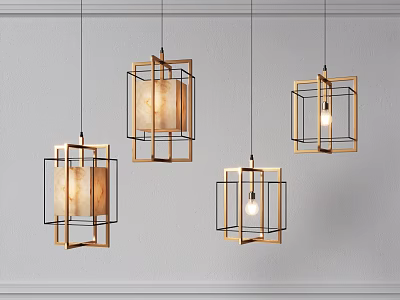 Modern Square Frame Chandeliers With Golden Metal And Translucent Shades For Living Room 3d model