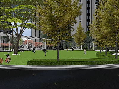 Residential Landscape With High Rise Buildings Green Lawn Trees People And Walking Path 3d model