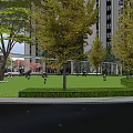 Residential Landscape With High Rise Buildings Green Lawn Trees People And Walking Path