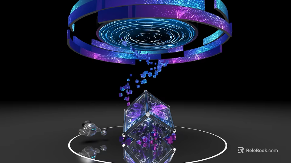 Blue Purple Rings Art Installation With Spiral Pattern Transparent Polyhedron Floating Cubes And Silver Object 3d model 