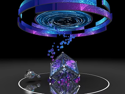 Blue Purple Rings Art Installation With Spiral Pattern Transparent Polyhedron Floating Cubes And Silver Object 3d model