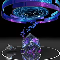 Blue Purple Rings Art Installation With Spiral Pattern Transparent Polyhedron Floating Cubes And Silver Object