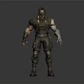 Detailed 3D Warrior Character Model In Green Combat Outfit With Mechanical Arm And Knee Pads