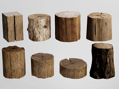 Various Wooden Tree Stump Stools With Natural Wood Textures And Shapes 3d model