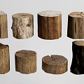 Various Wooden Tree Stump Stools With Natural Wood Textures And Shapes