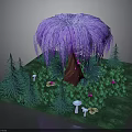 Enchanted Forest Scene With Purple Willow Tree Green Pine Trees Grass Mushrooms And Small Flowers