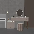 Modern Dressing Table with Round Mirror Drawers Gold Accents Cosmetic Bottles Stool and Hanging Lamp