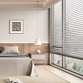 Modern Bedroom Interior With Wooden Nightstands Table Lamps Blinds Gray Bedding And Framed Artwork