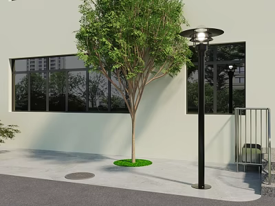 Outdoor Metal Fence With Street Lamp Green Tree And Building Windows On Sidewalk 3d model