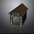 Rusty Metal Dog House With Brown Roof And Red Paw Prints Design