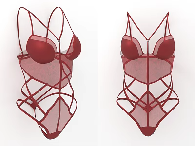 Red Lace Bodysuit with Crisscross Straps and Sheer Mesh Fabric for Women Fashion 3d model