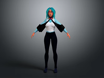Stylized 3D Character With Teal Hair Green Eyes White Top Black Pants And Blue Coat 3d model