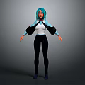 Stylized 3D Character With Teal Hair Green Eyes White Top Black Pants And Blue Coat