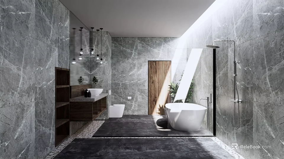Modern Luxury Bathroom Interior With Marble Walls Glass Shower And Freestanding Bathtub 3d model 