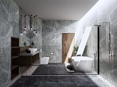 Modern Luxury Bathroom Interior With Marble Walls Glass Shower And Freestanding Bathtub 3d model