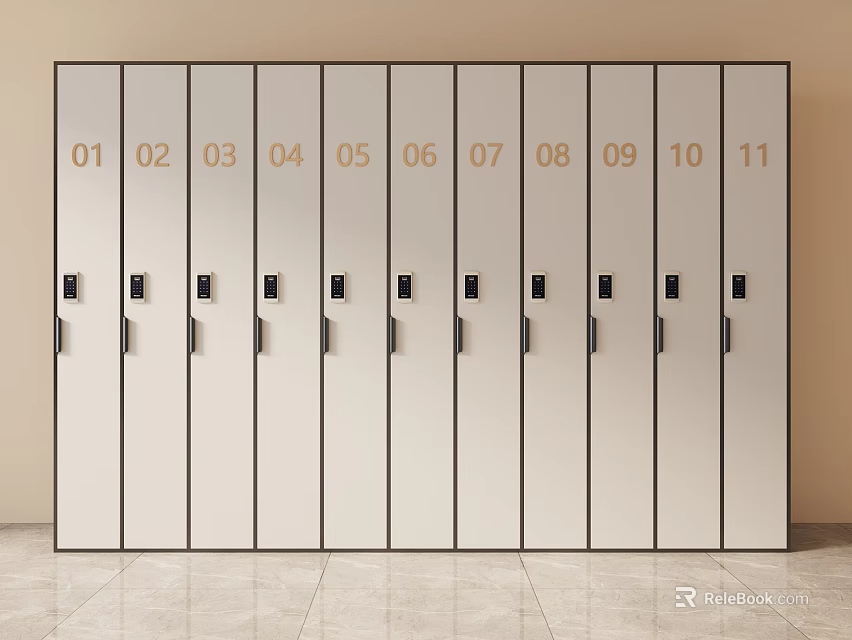 Row of Light Colored Lockers With Numbered Doors and Black Handles 3d model 