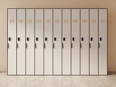 Row of Light Colored Lockers With Numbered Doors and Black Handles 3d model