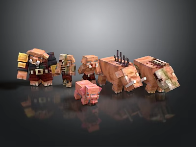 Minecraft Block Style Characters And Creatures With Pink Piglet And Horned Animals 3d model