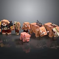 Minecraft Block Style Characters And Creatures With Pink Piglet And Horned Animals