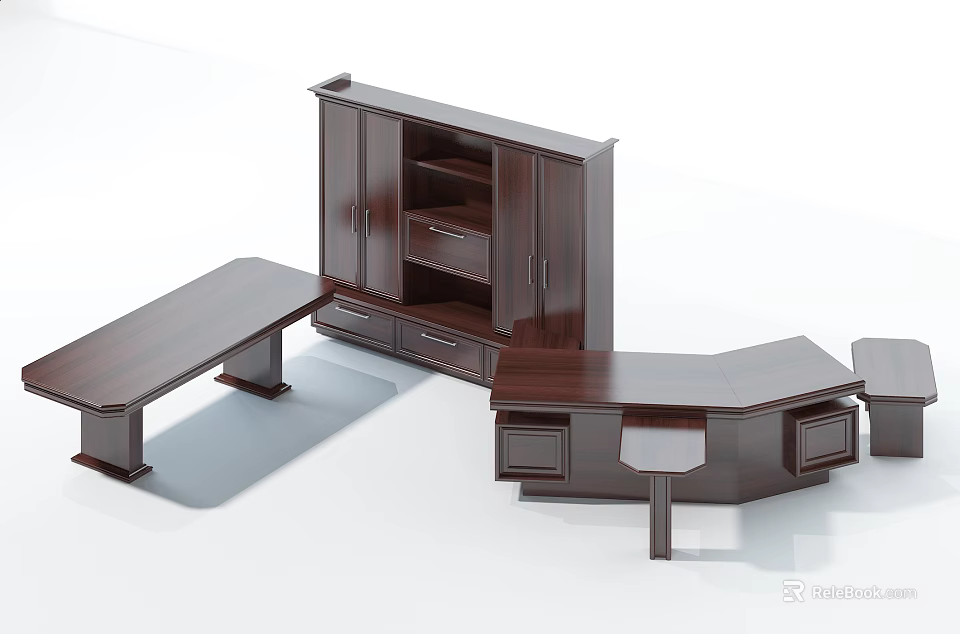 Modern Wooden Office Desk Set With Storage Cabinet Drawers And Workspace 3d model 