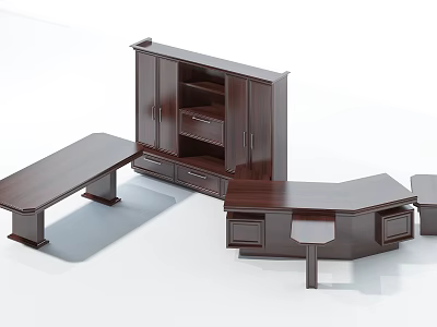 Modern Wooden Office Desk Set With Storage Cabinet Drawers And Workspace 3d model