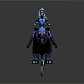 Fantasy Character In Blue Armor Riding Horned Dark Mythical Mount With Blue Accents