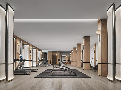 Modern Fitness Gym Spacious Interior With Treadmills Exercise Machines Wooden Columns And Mirrors 3d model