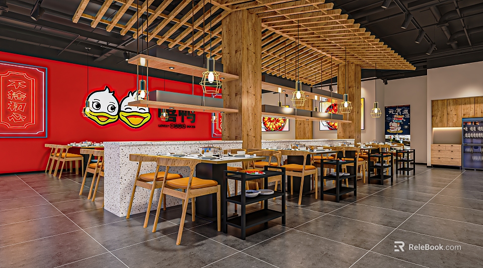 Modern Hotpot Restaurant Interior With Wooden Beams Red Walls And Dining Furniture 3d model 