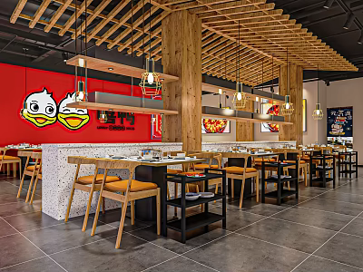 Modern Hotpot Restaurant Interior With Wooden Beams Red Walls And Dining Furniture 3d model