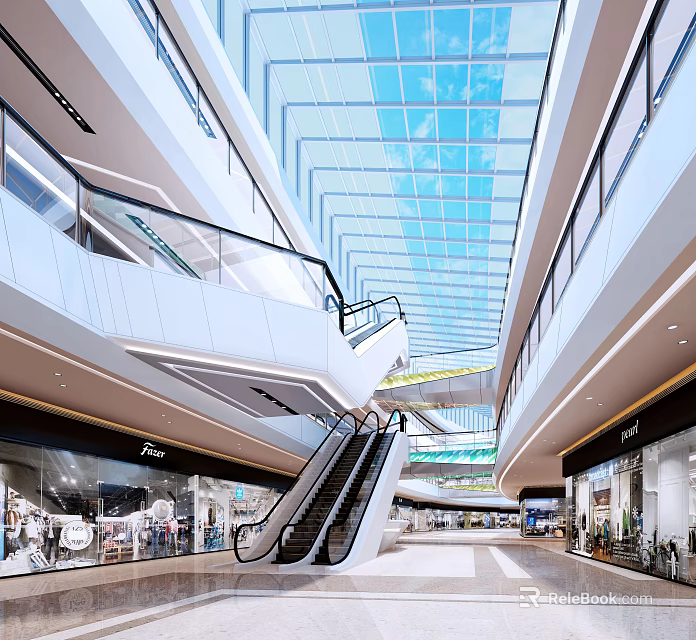 Modern Shopping Mall Interior With Glass Skylight Escalators And Retail Stores 3d model 