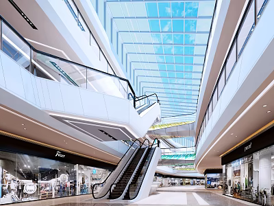 Modern Shopping Mall Interior With Glass Skylight Escalators And Retail Stores 3d model