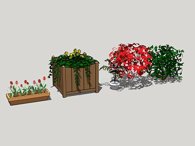 Potted Bonsai Plants with Wooden Planters Vines Fruits Red Flowers and Green Leaves 3d model