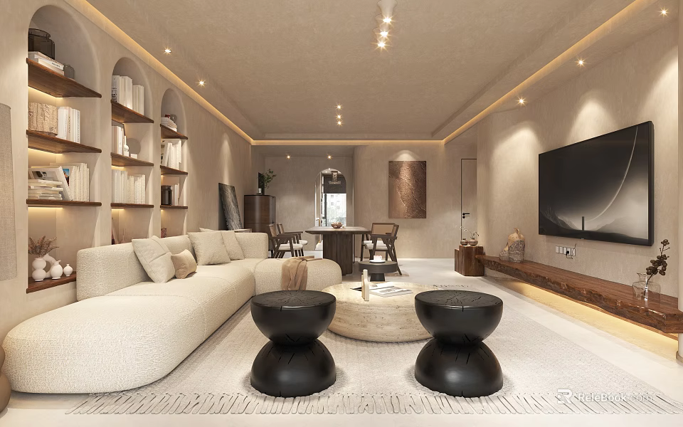 Modern Cozy Living Dining Room Interior Design With Beige Sofa Black Stools TV And Bookshelves 3d model 