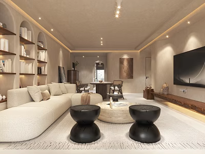 Modern Cozy Living Dining Room Interior Design With Beige Sofa Black Stools TV And Bookshelves 3d model