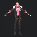 Blonde Haired Character In Black Leather Jacket With Pink T Shirt And White Feather Decoration