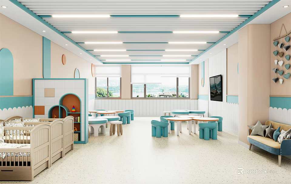 Bright Colorful Kindergarten Interior With Kids Tables Chairs Play Area And TV 3d model 