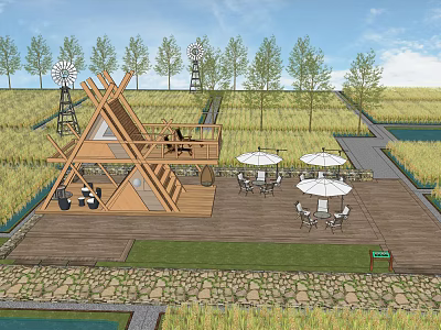 Scenic Rural Landscape With Rice Fields Windmills Wooden Triangular Structure Deck Tables Chairs And Umbrellas 3d model