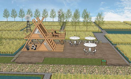 Modern Paddy Field Farmer View Paddy Field Landscape Leisure Corridor Wooden House Rural Landscape Tree House 3d model