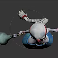 3D Female Game Character With White Long Hair Red Headpiece Blue Skirt And Bell Weapon